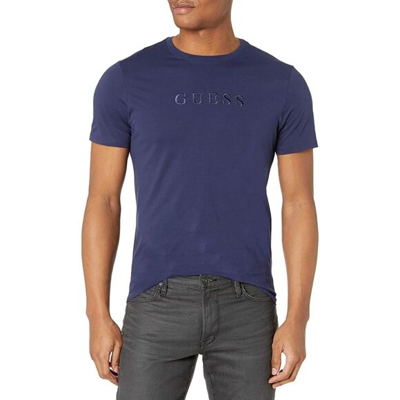 GUESS Men's Short Sleeve Embroidered Pima Logo Crewneck Tee Uniform Blue (1235) - Picture 1 of 2